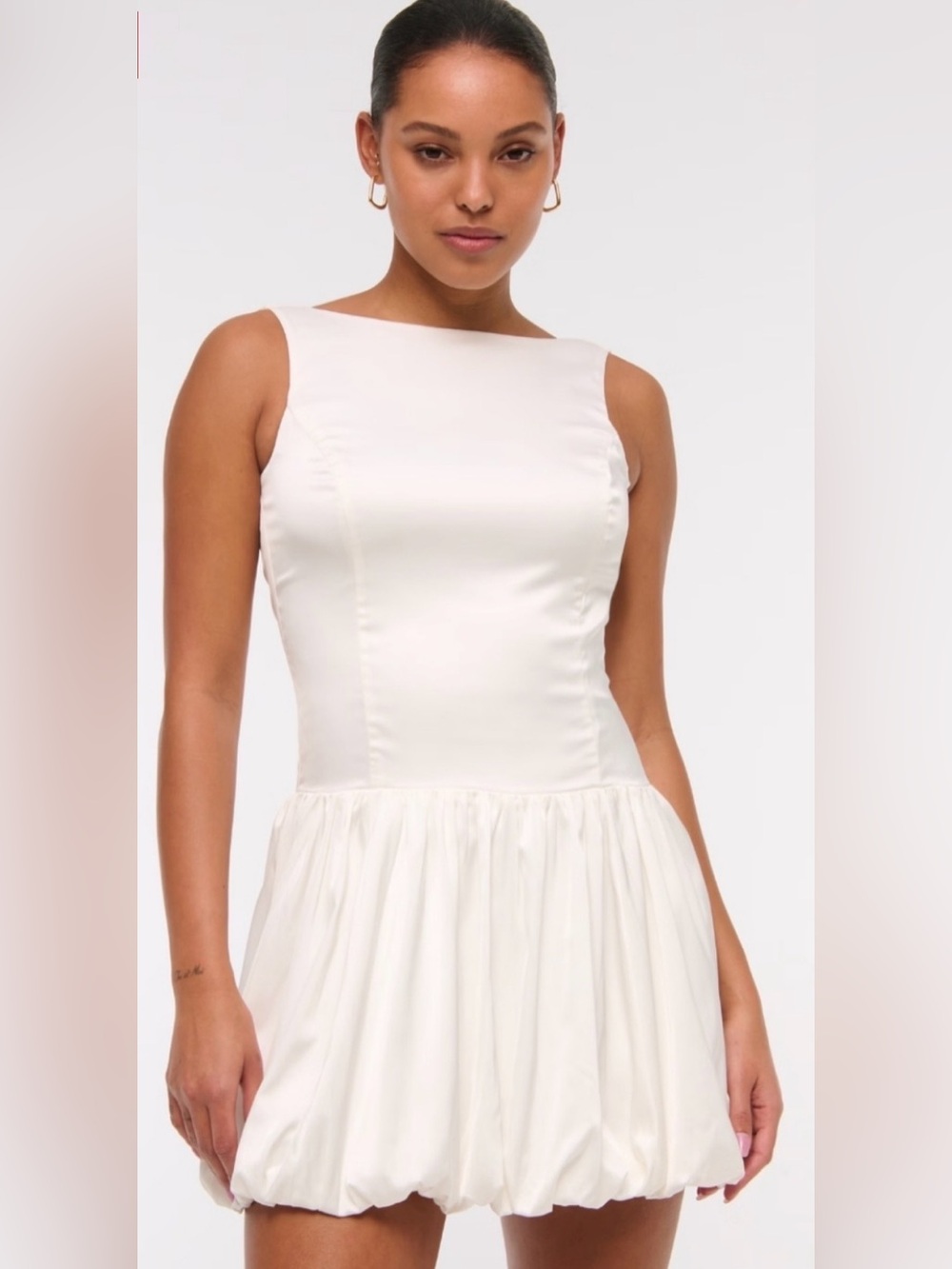 Satin High Neck Bubble Hem Mini Dress White Drop Waist NWT